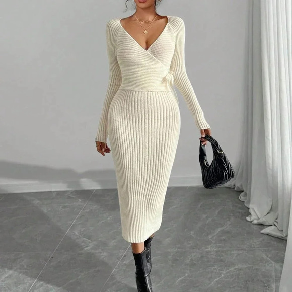 Beige Elegant Women's Stylish Knit V-Neck Cross-Tie Slimming Maxi Dress - Picture 1 of 7